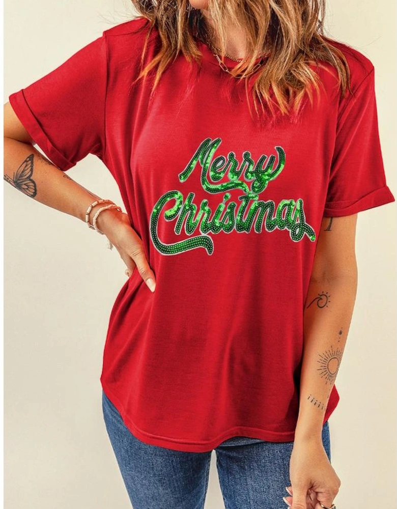 Red Merry Christmas Graphic Crewneck T Shirt
