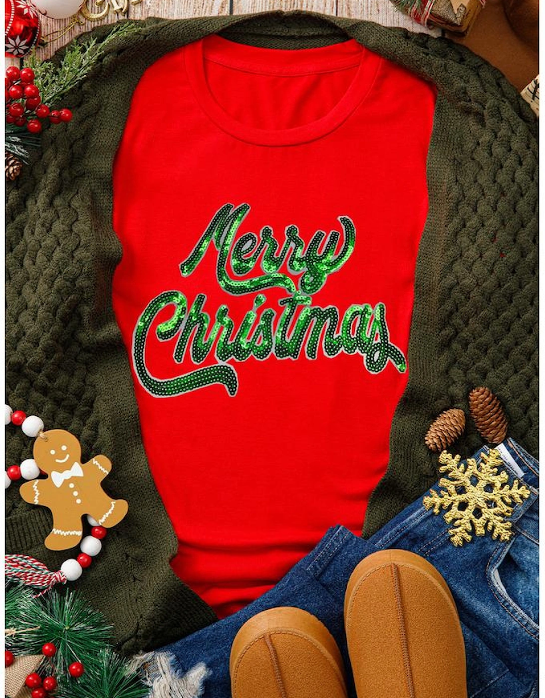 Red Merry Christmas Graphic Crewneck T Shirt