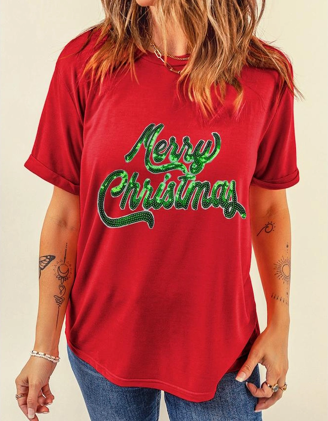 Red Merry Christmas Graphic Crewneck T Shirt