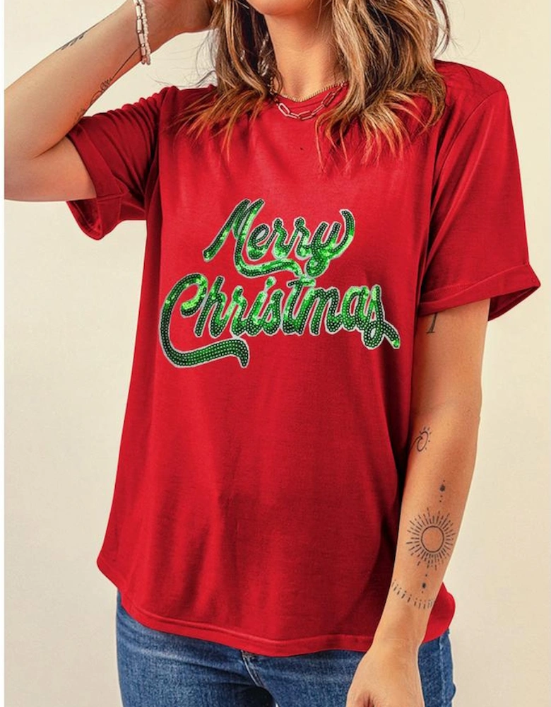 Red Merry Christmas Graphic Crewneck T Shirt