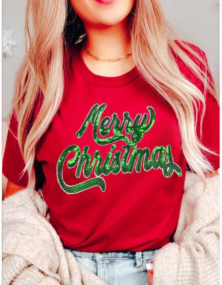 Red Merry Christmas Graphic Crewneck T Shirt