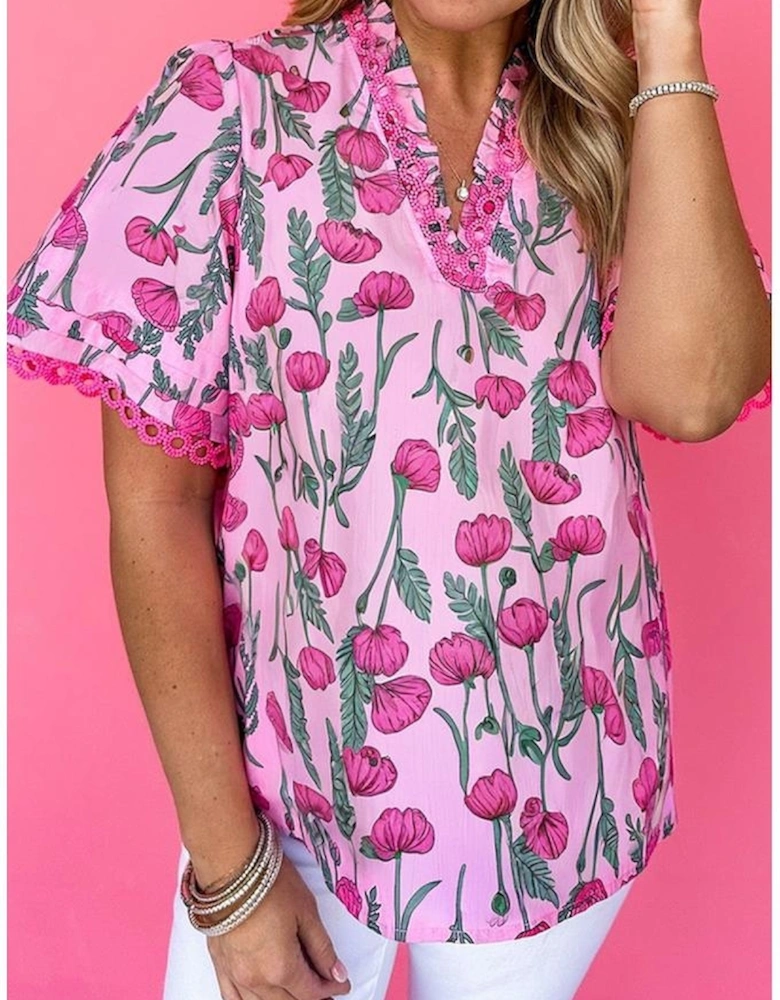 Pink Floral Lace Detail Frilled V Neck Summer Blouse