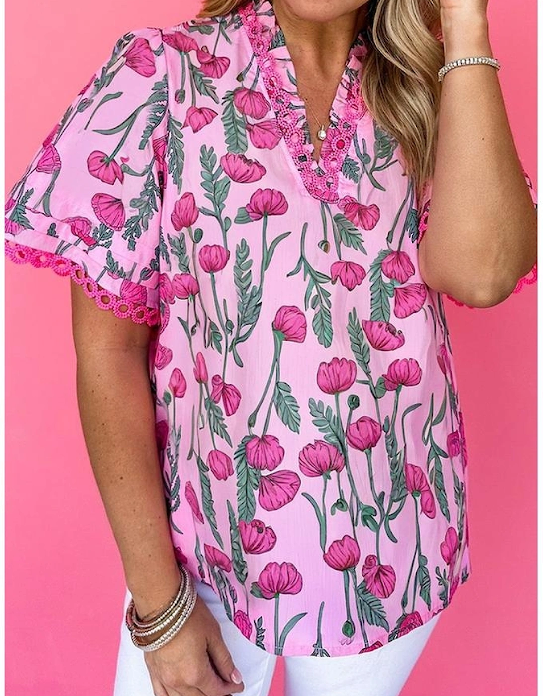 Pink Floral Lace Detail Frilled V Neck Summer Blouse