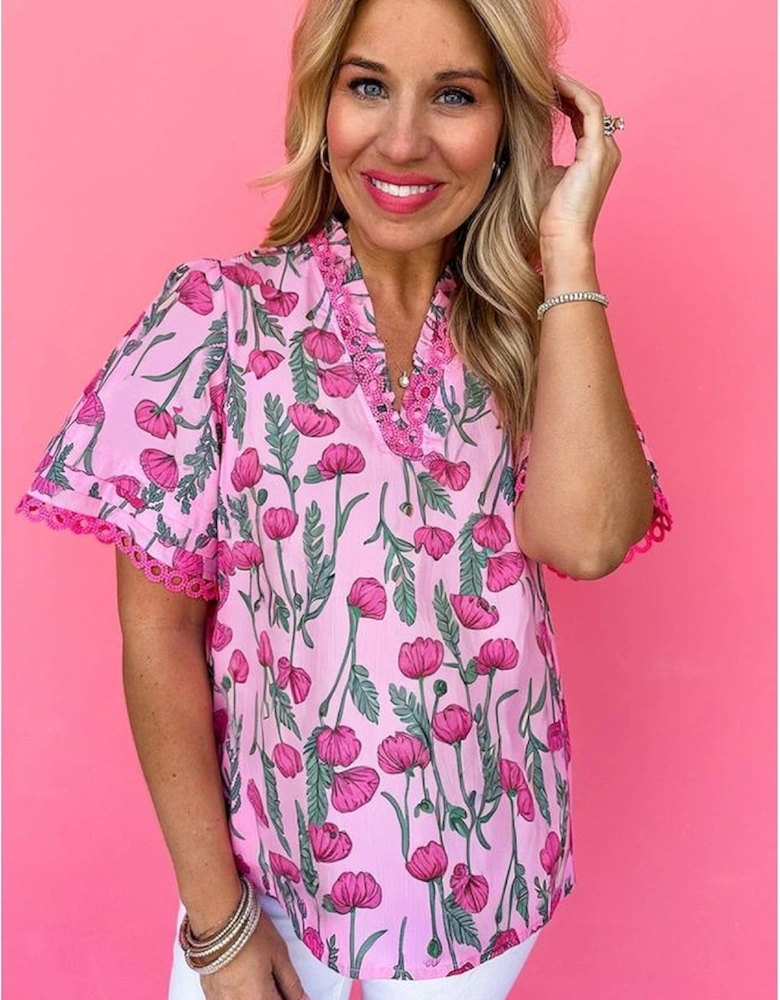 Pink Floral Lace Detail Frilled V Neck Summer Blouse
