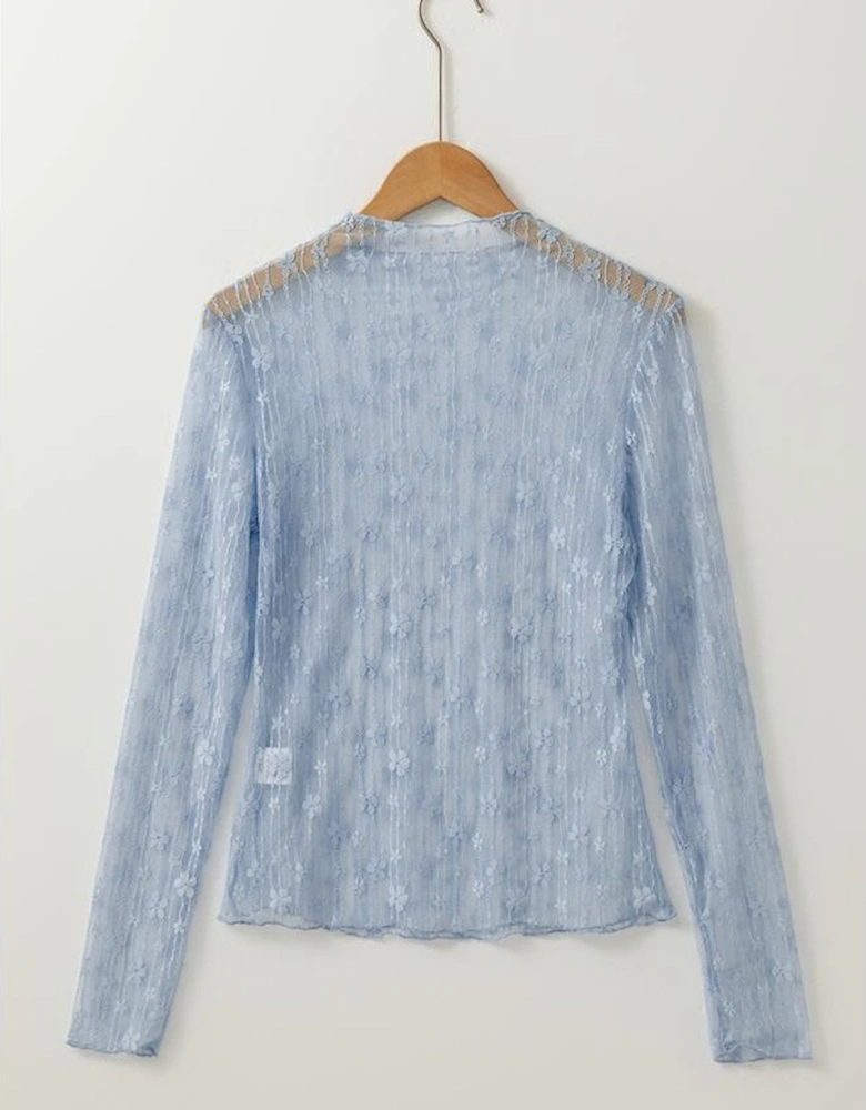 Ashleigh Blue Sheer Floral Lace Long Sleeve Slim Fit Top