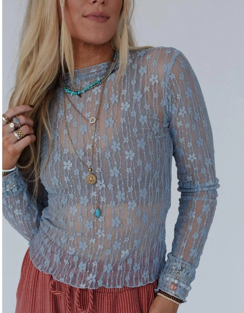 Ashleigh Blue Sheer Floral Lace Long Sleeve Slim Fit Top