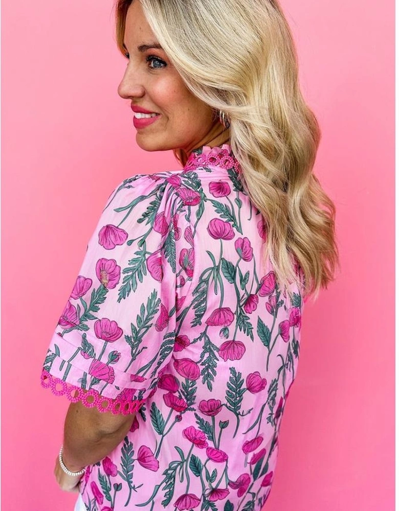 Pink Floral Lace Detail Frilled V Neck Summer Blouse