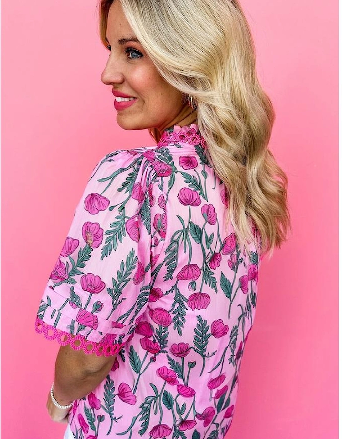 Pink Floral Lace Detail Frilled V Neck Summer Blouse, 4 of 3