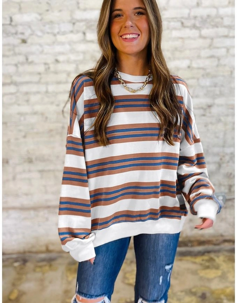 Brown Stripe Crew Neck Drop Shoulder Pullover Sweatshirt