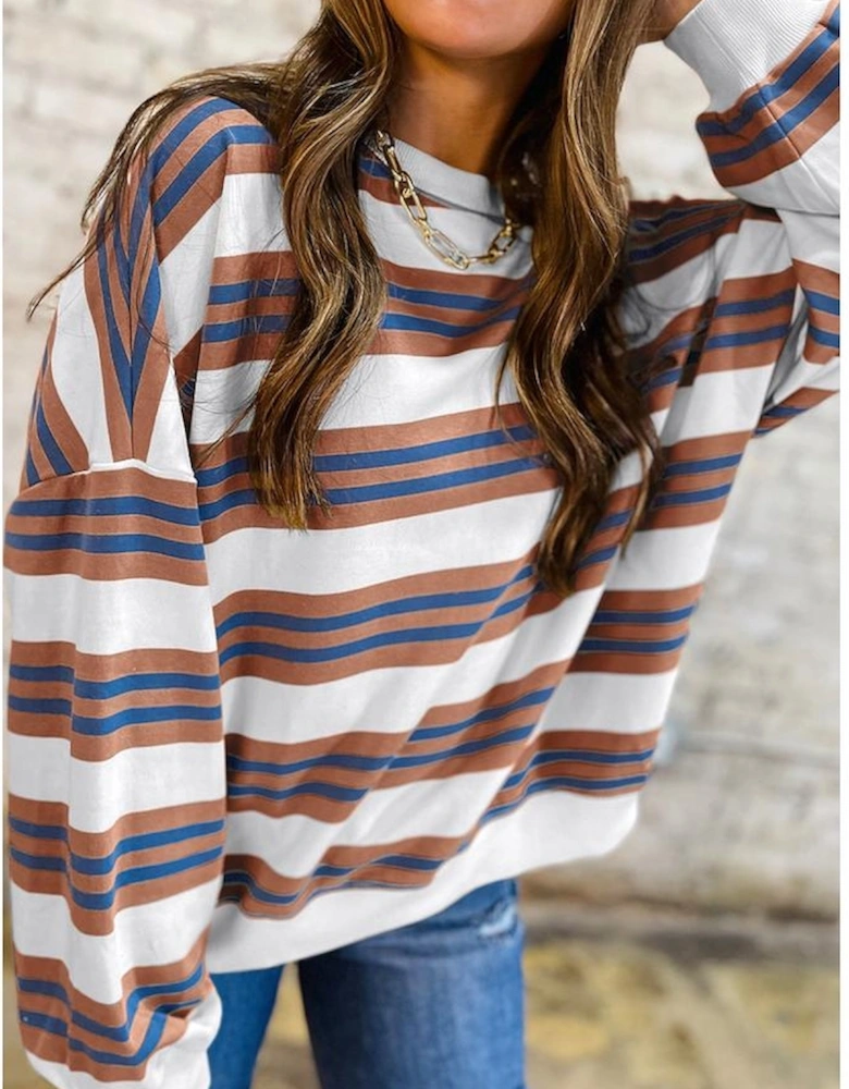Brown Stripe Crew Neck Drop Shoulder Pullover Sweatshirt