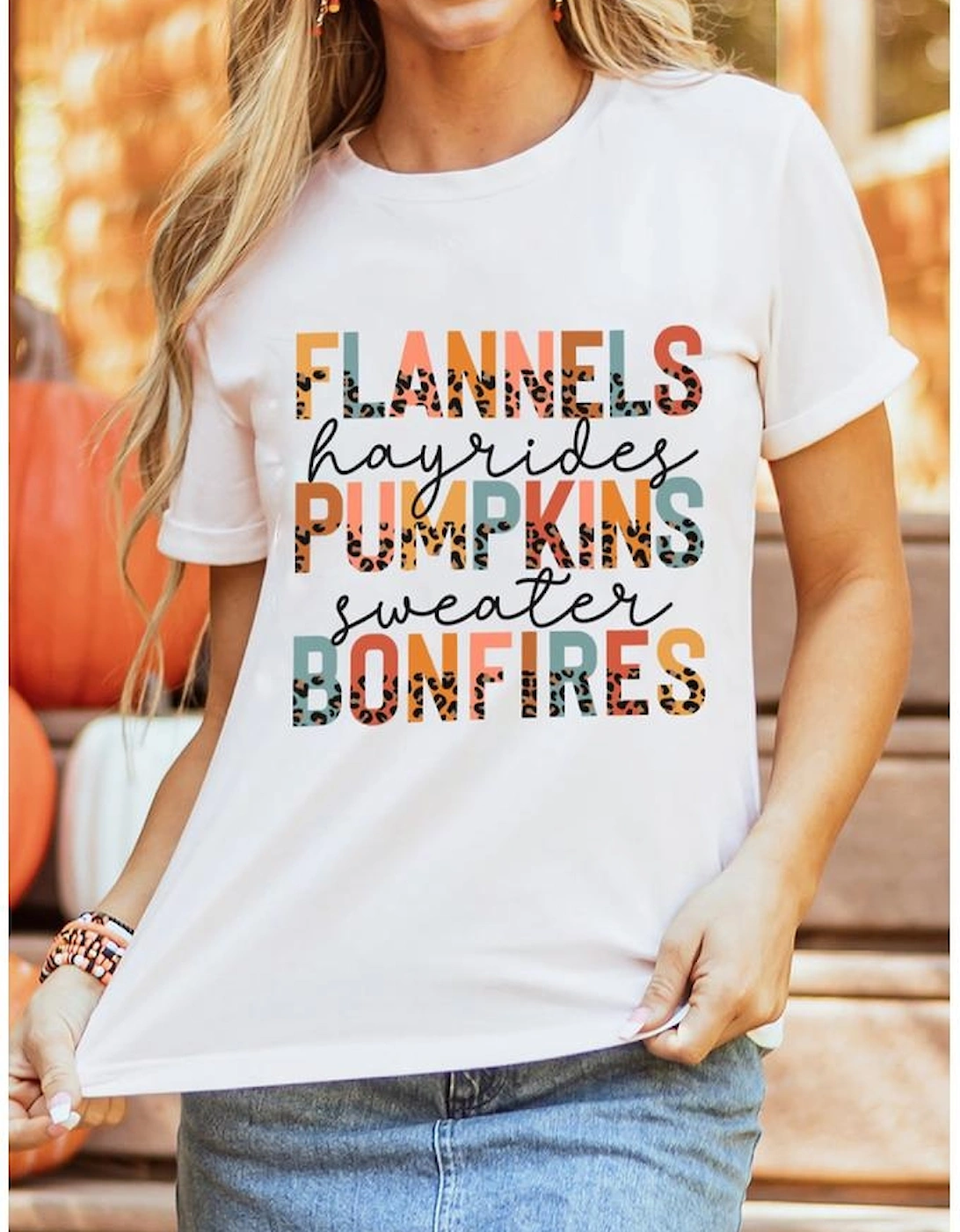 White FLANNELS PUMPKINS BONFIRES Chic Letter Graphic Tee