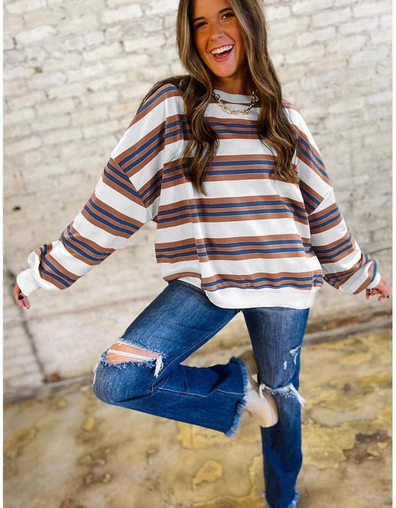 Brown Stripe Crew Neck Drop Shoulder Pullover Sweatshirt