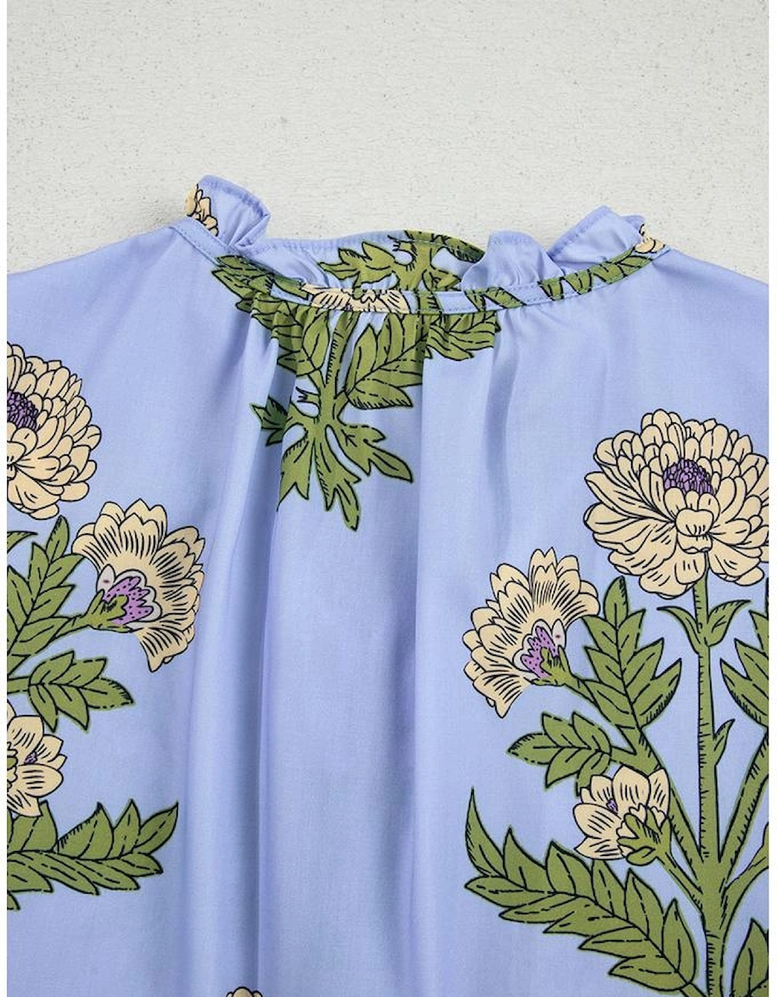 Sky Blue Floral Print Button Tie Neck Long Puff Sleeve Blouse