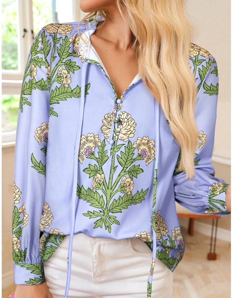 Sky Blue Floral Print Button Tie Neck Long Puff Sleeve Blouse