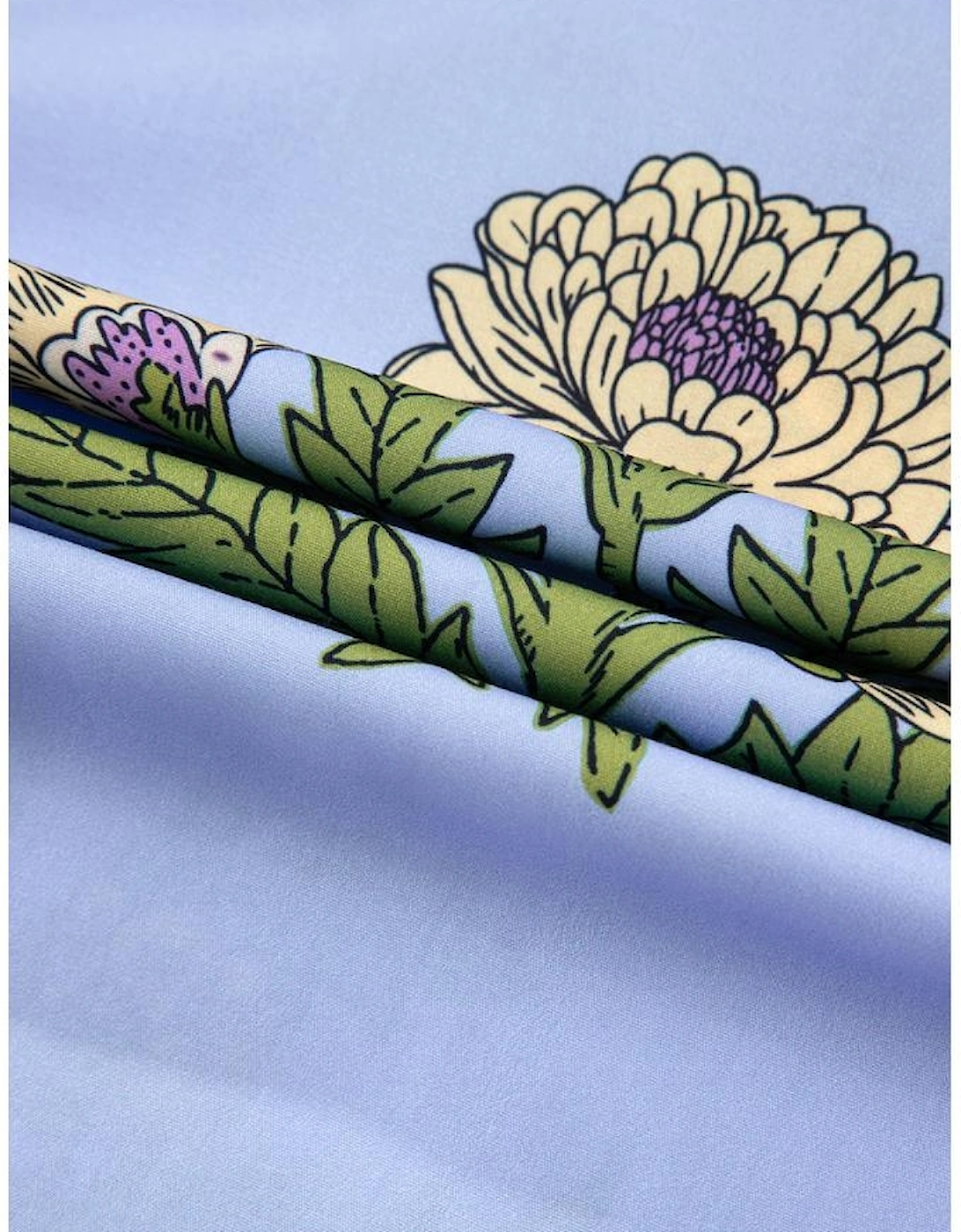 Sky Blue Floral Print Button Tie Neck Long Puff Sleeve Blouse