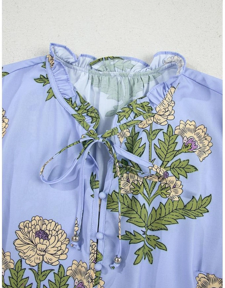 Sky Blue Floral Print Button Tie Neck Long Puff Sleeve Blouse