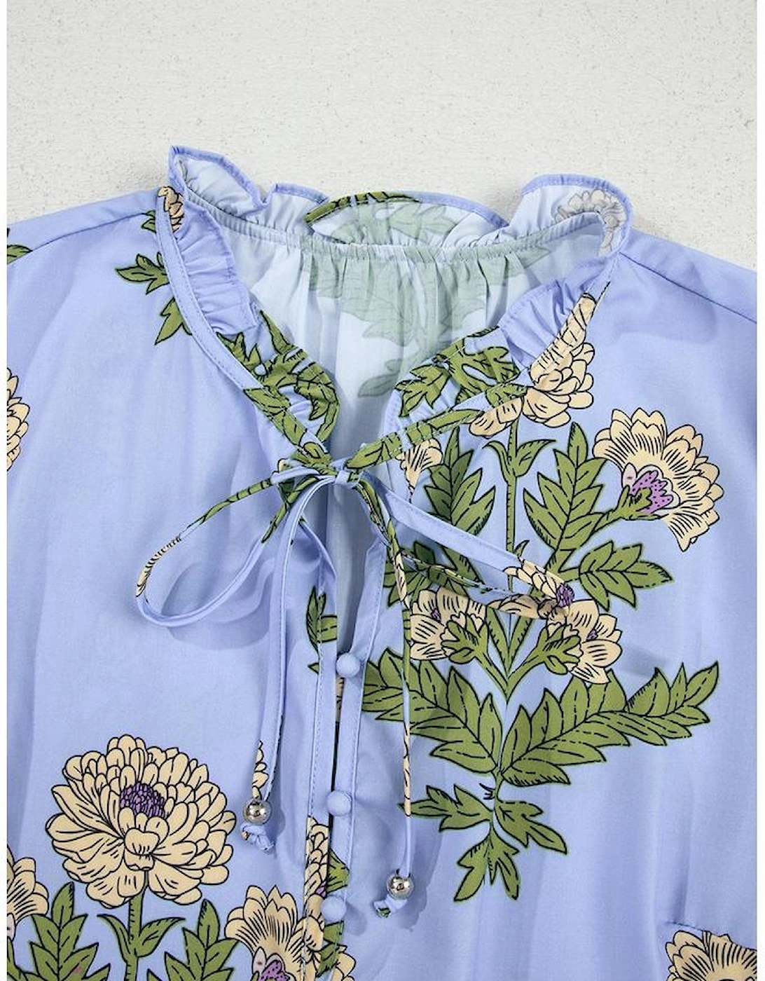 Sky Blue Floral Print Button Tie Neck Long Puff Sleeve Blouse