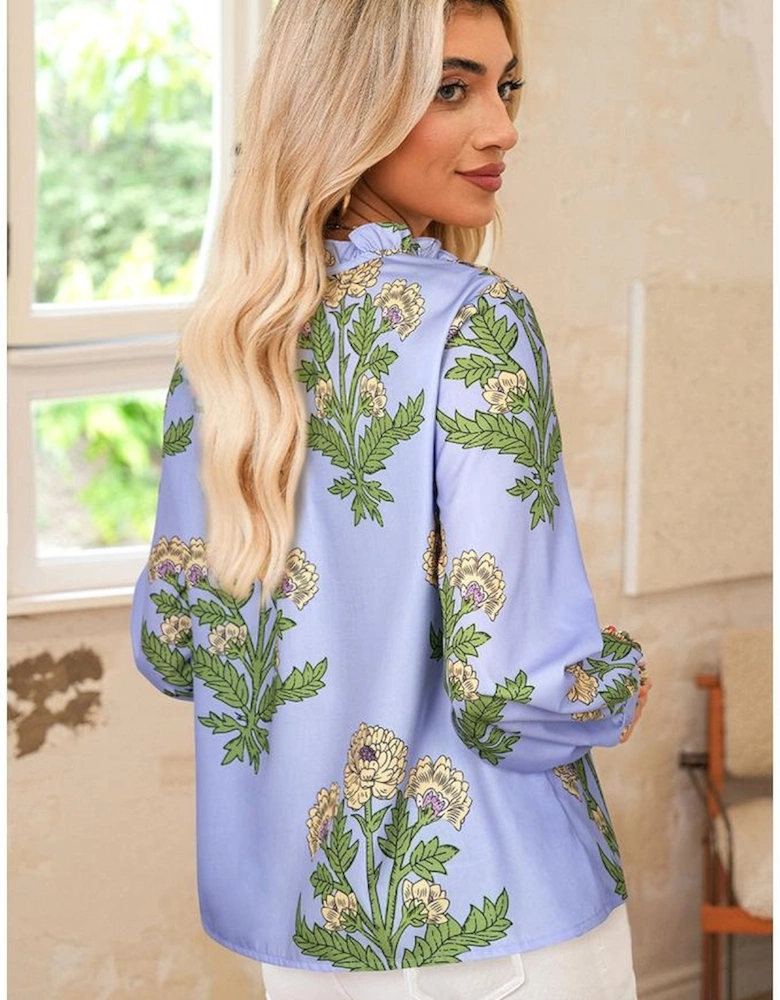 Sky Blue Floral Print Button Tie Neck Long Puff Sleeve Blouse