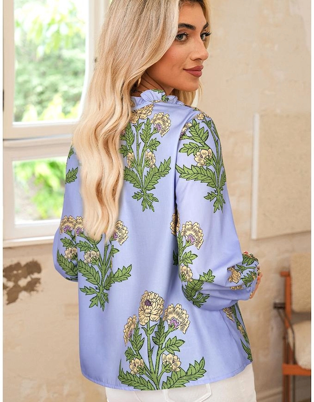 Sky Blue Floral Print Button Tie Neck Long Puff Sleeve Blouse
