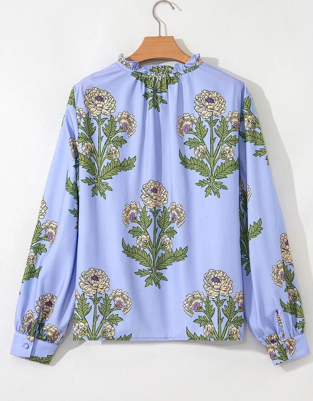 Sky Blue Floral Print Button Tie Neck Long Puff Sleeve Blouse