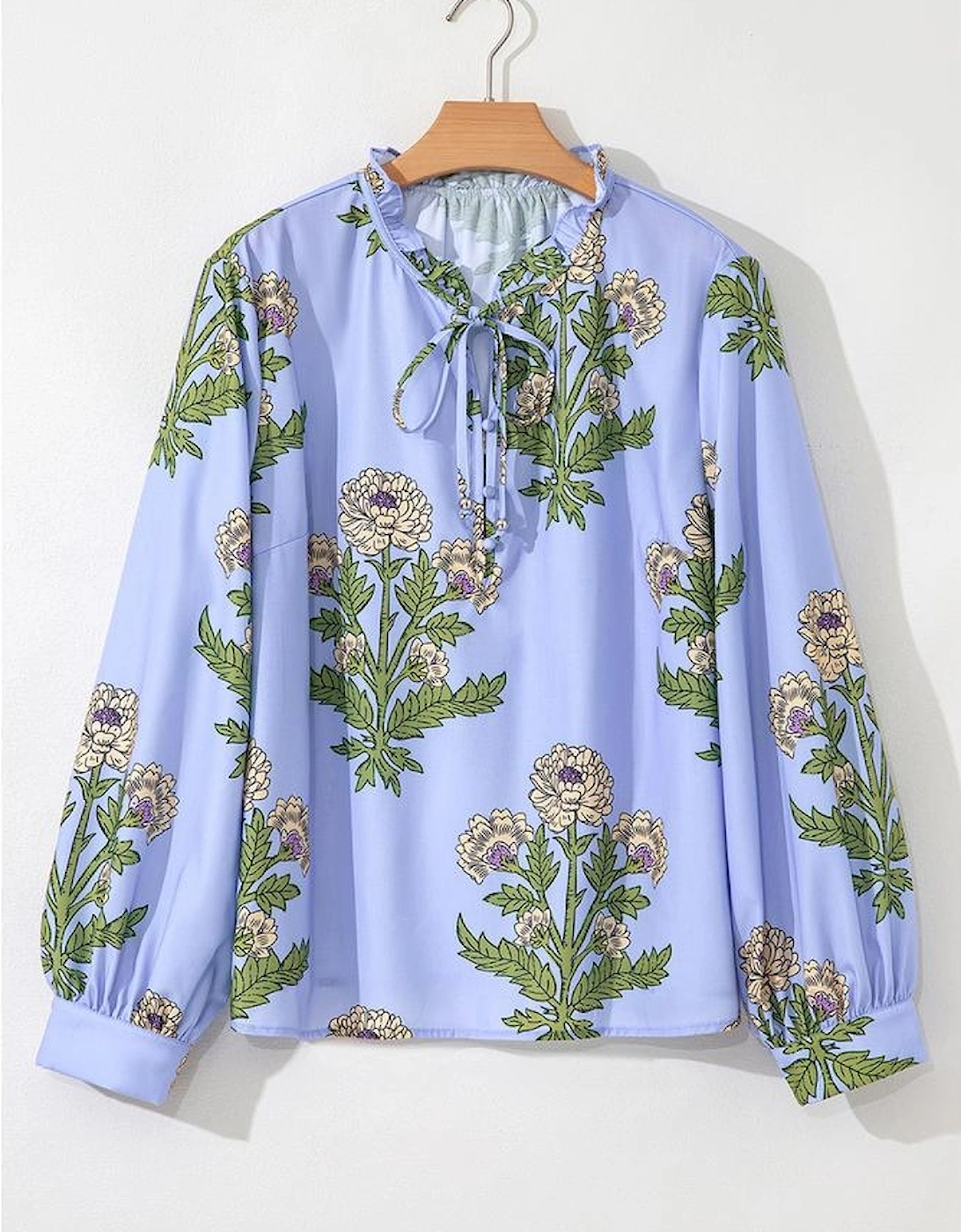 Sky Blue Floral Print Button Tie Neck Long Puff Sleeve Blouse