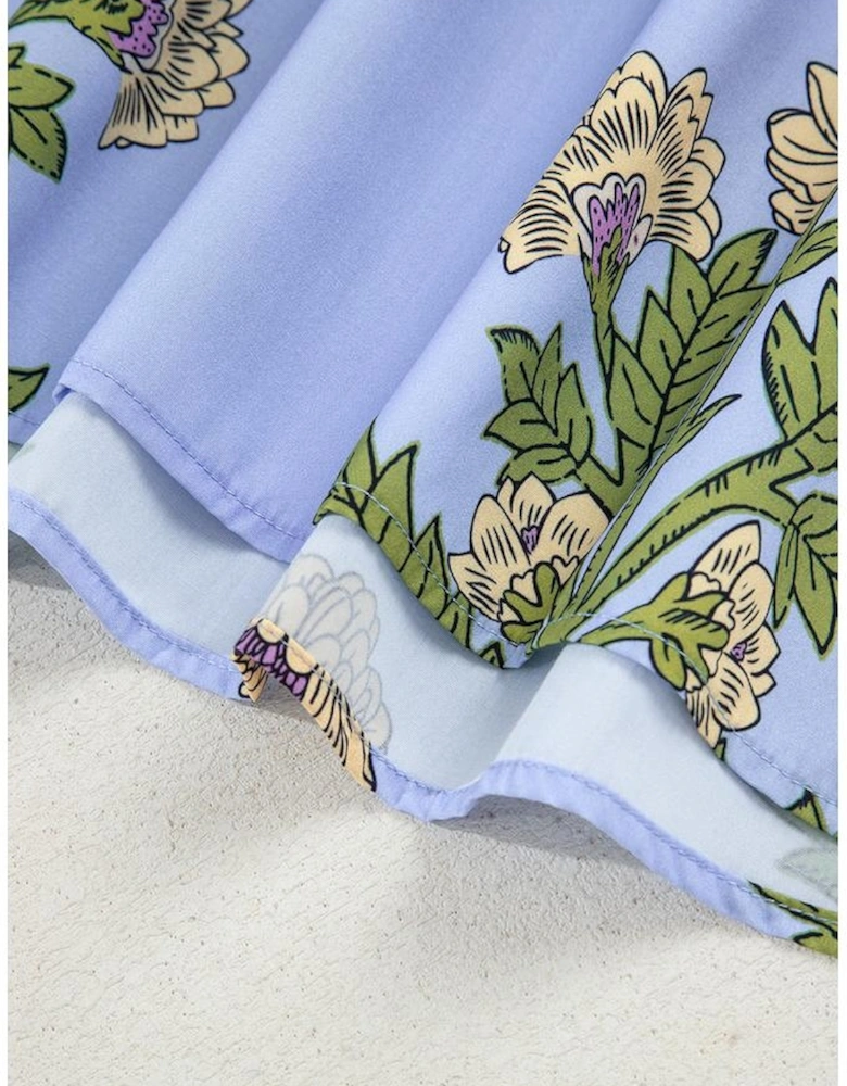 Sky Blue Floral Print Button Tie Neck Long Puff Sleeve Blouse