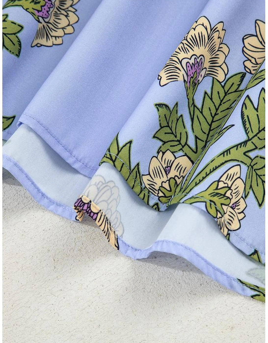 Sky Blue Floral Print Button Tie Neck Long Puff Sleeve Blouse