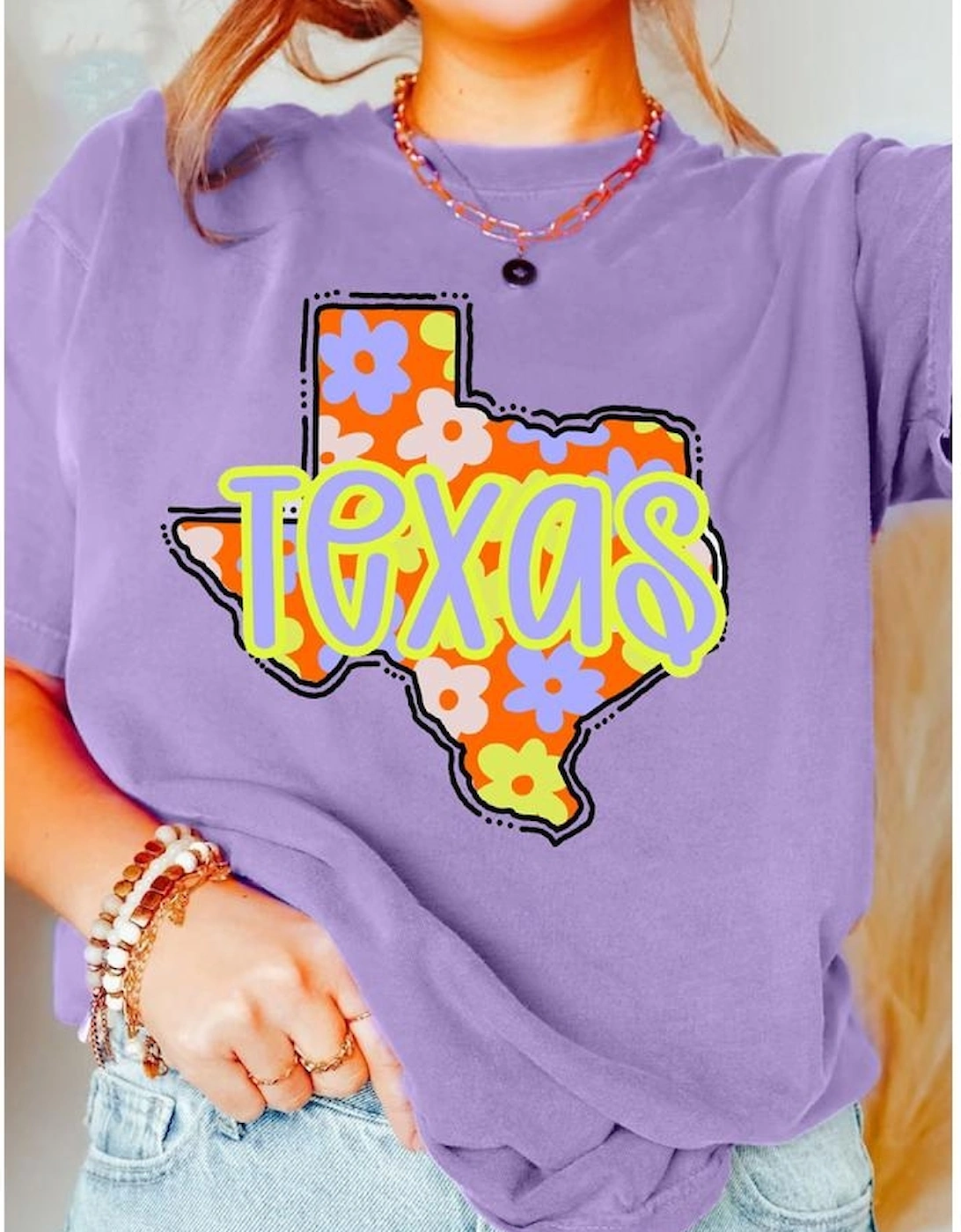 Wisteria TEXAS Flower Print Crew Neck T Shirt