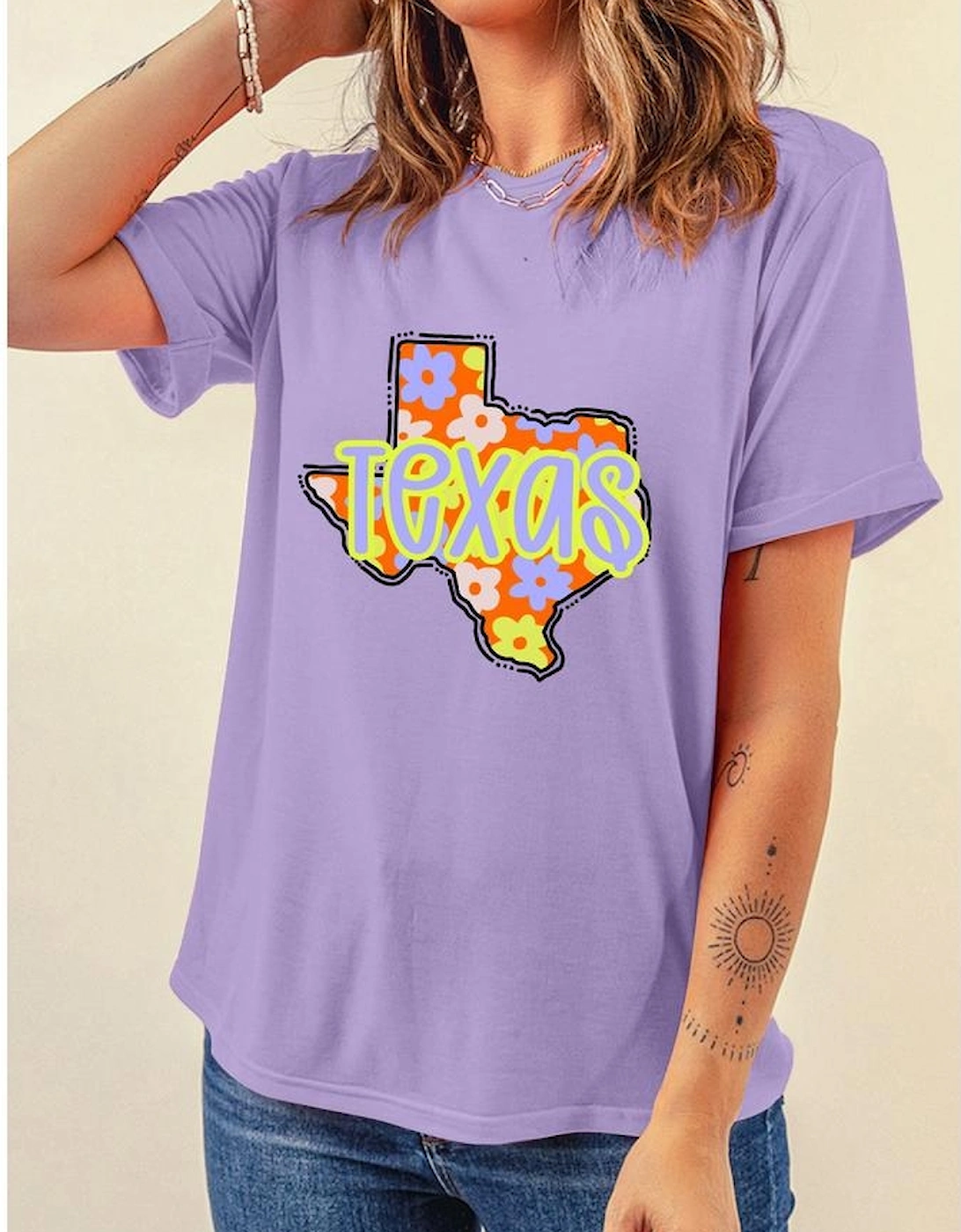 Wisteria TEXAS Flower Print Crew Neck T Shirt
