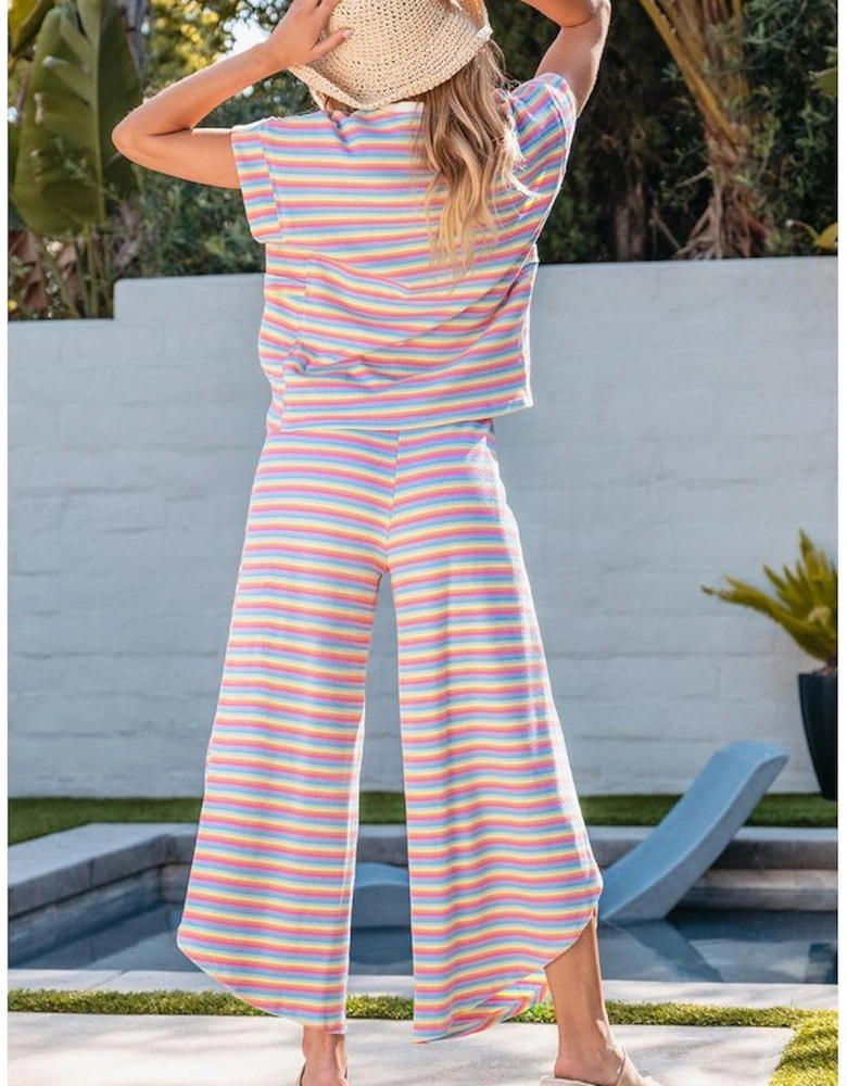 Pink Stripe Rainbow Tee Tasseled String Wide Leg Pants Set