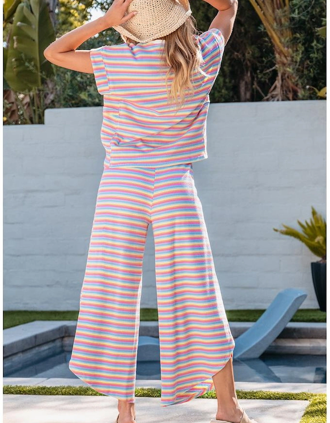 Pink Stripe Rainbow Tee Tasseled String Wide Leg Pants Set