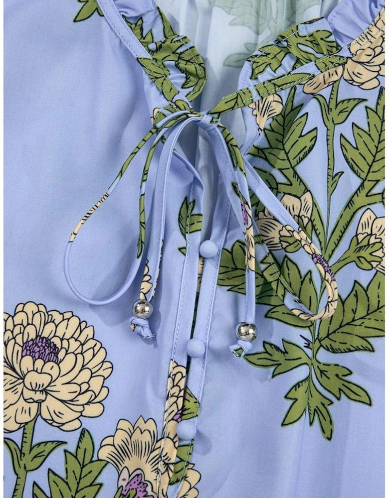 Sky Blue Floral Print Button Tie Neck Long Puff Sleeve Blouse