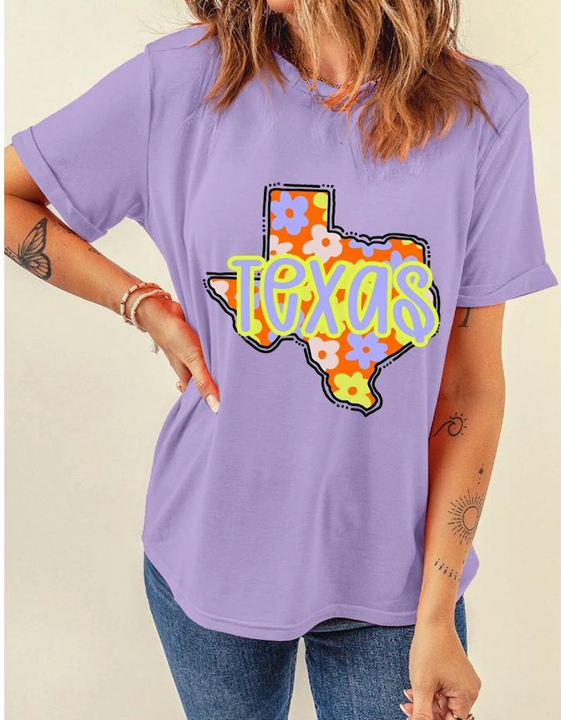 Wisteria TEXAS Flower Print Crew Neck T Shirt