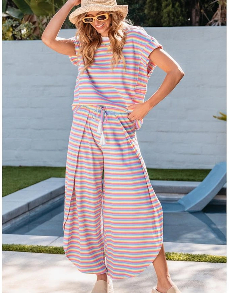 Pink Stripe Rainbow Tee Tasseled String Wide Leg Pants Set