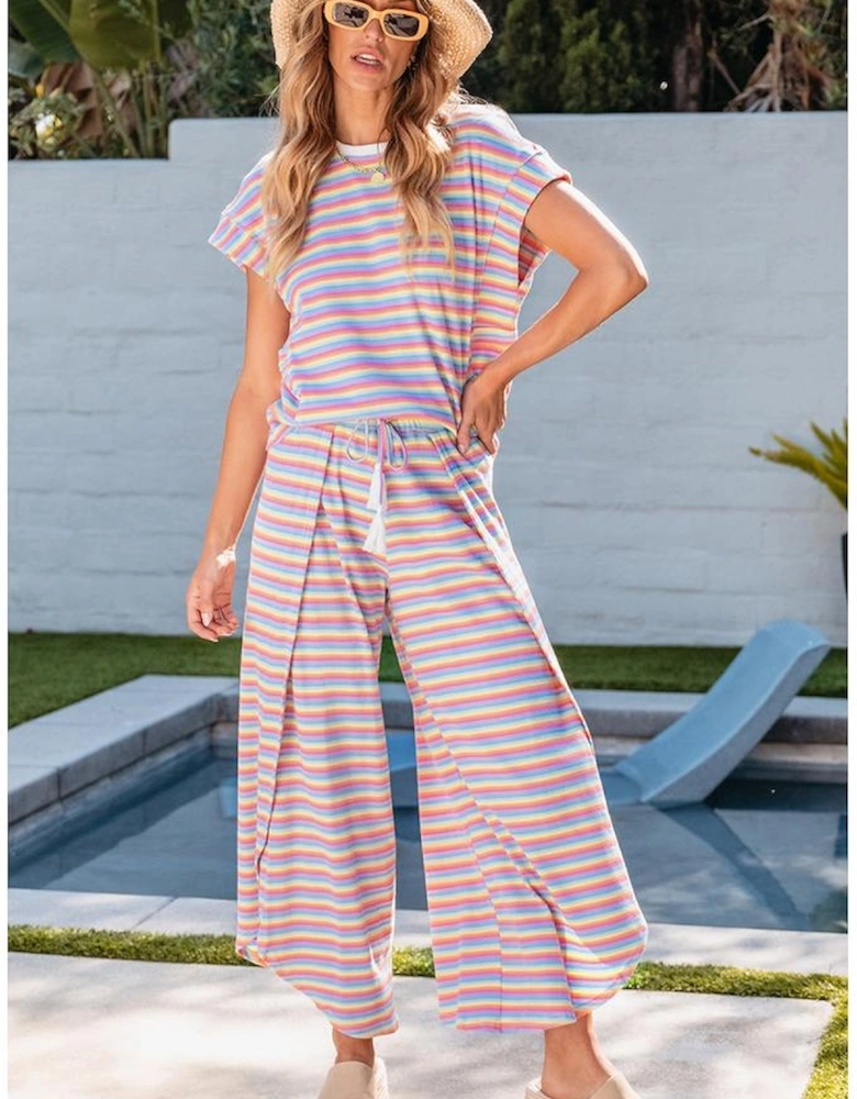 Pink Stripe Rainbow Tee Tasseled String Wide Leg Pants Set