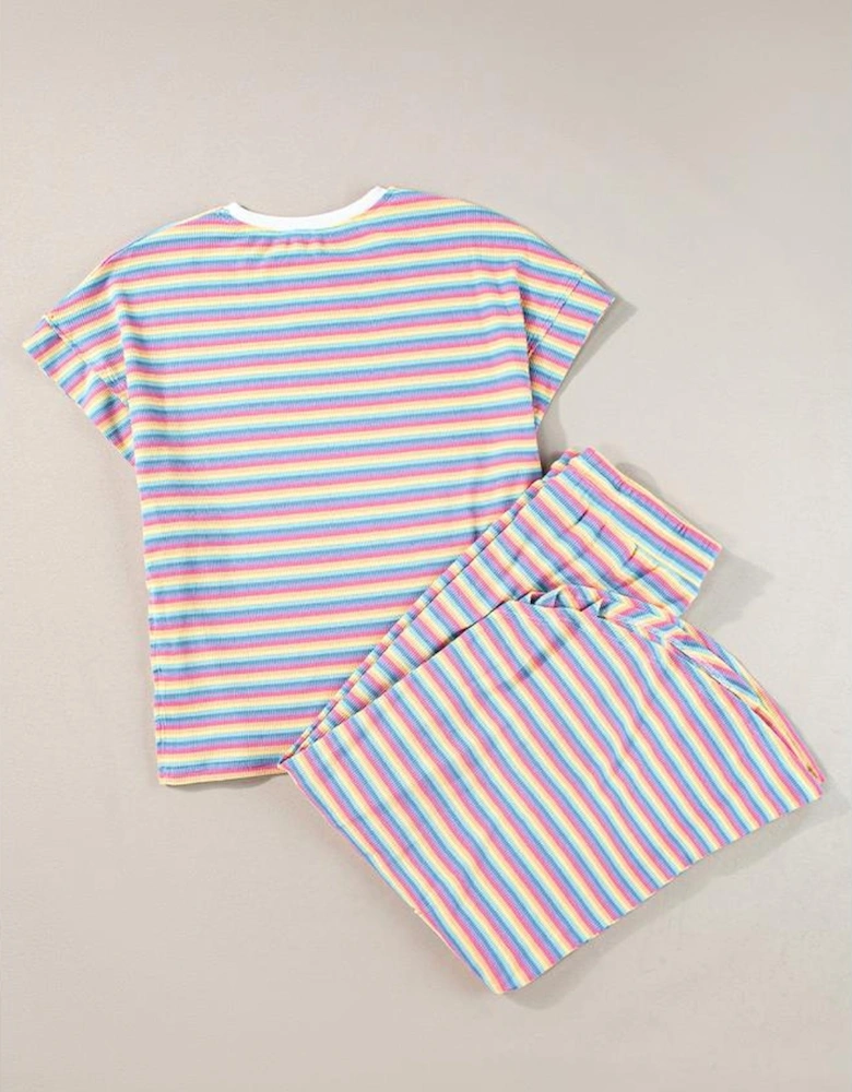 Pink Stripe Rainbow Tee Tasseled String Wide Leg Pants Set
