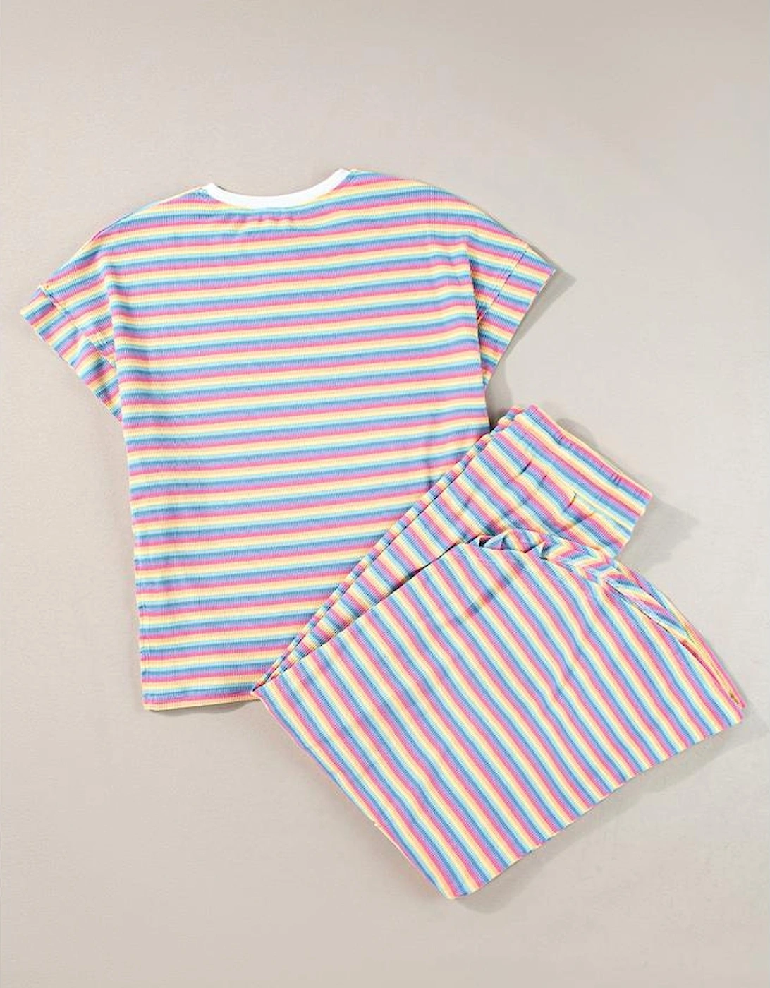 Pink Stripe Rainbow Tee Tasseled String Wide Leg Pants Set