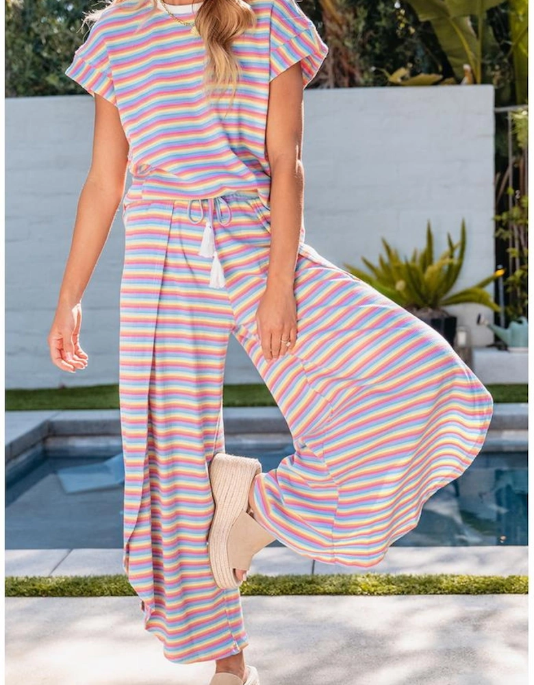 Pink Stripe Rainbow Tee Tasseled String Wide Leg Pants Set