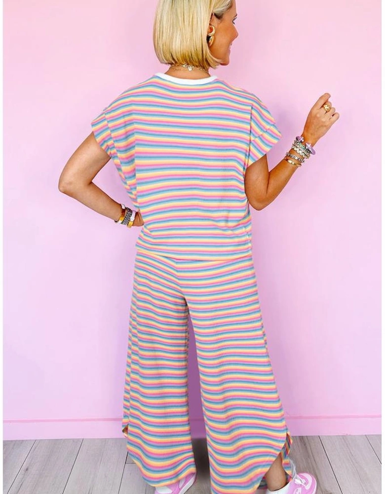 Pink Stripe Rainbow Tee Tasseled String Wide Leg Pants Set