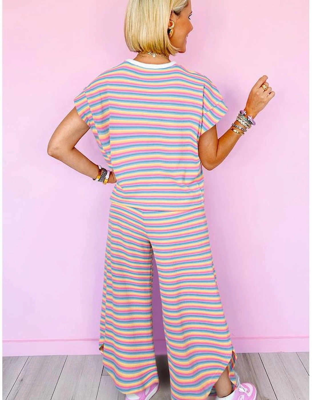 Pink Stripe Rainbow Tee Tasseled String Wide Leg Pants Set