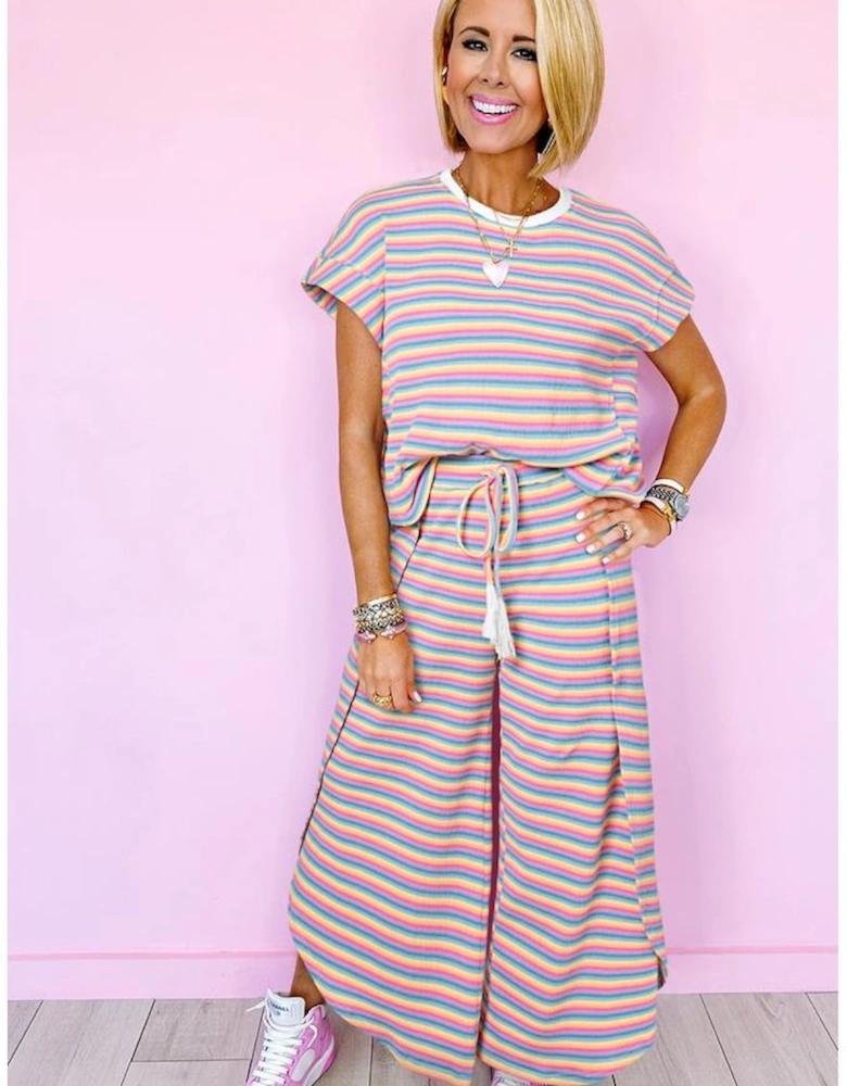 Pink Stripe Rainbow Tee Tasseled String Wide Leg Pants Set