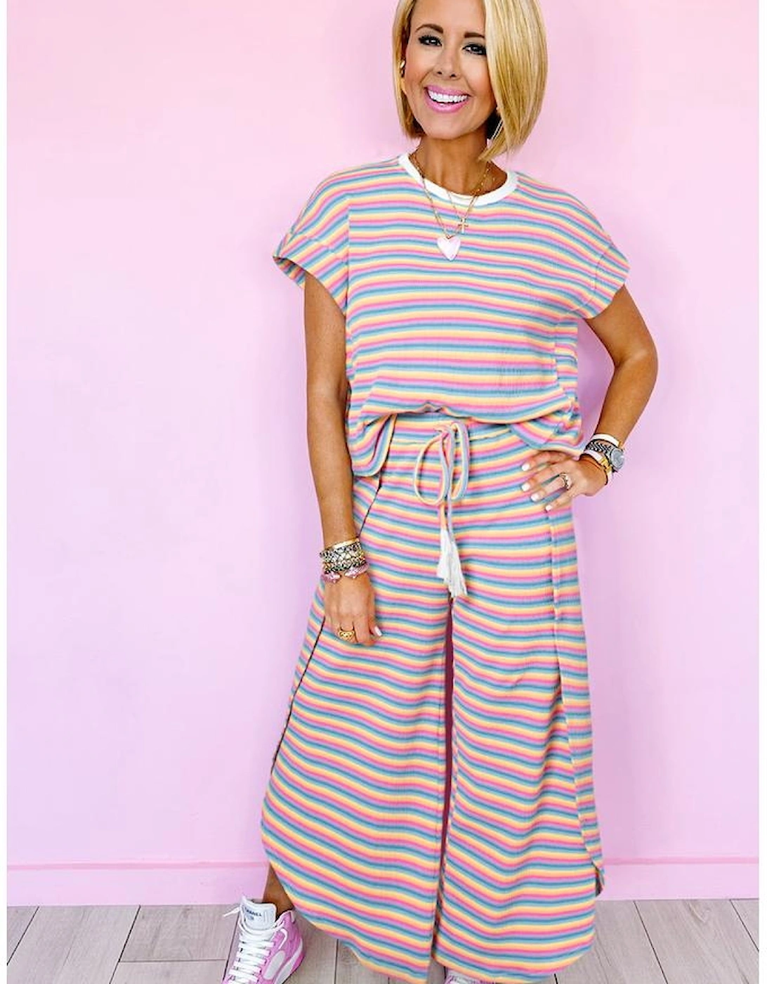 Pink Stripe Rainbow Tee Tasseled String Wide Leg Pants Set