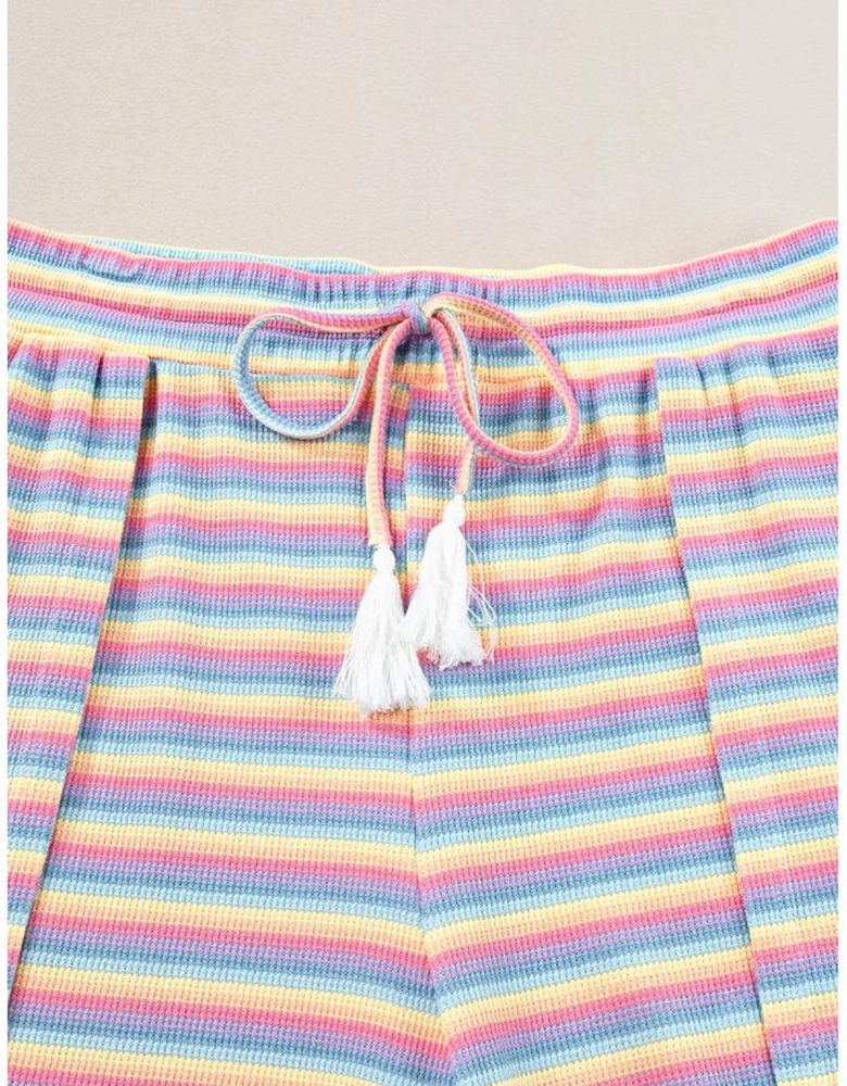 Pink Stripe Rainbow Tee Tasseled String Wide Leg Pants Set