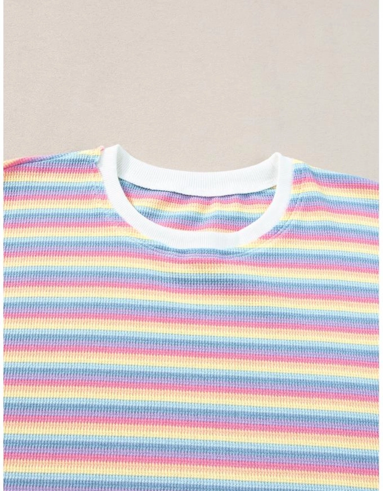Pink Stripe Rainbow Tee Tasseled String Wide Leg Pants Set