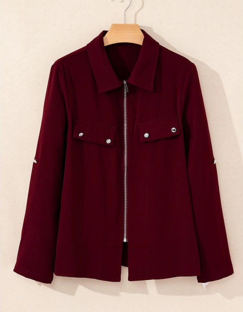 Red Dahlia Collar Tab Sleeve Zip Up Flap Detail Jacket