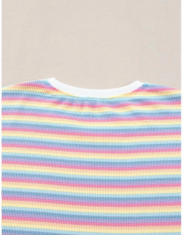 Pink Stripe Rainbow Tee Tasseled String Wide Leg Pants Set