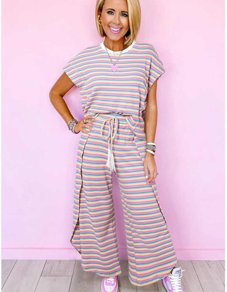 Pink Stripe Rainbow Tee Tasseled String Wide Leg Pants Set