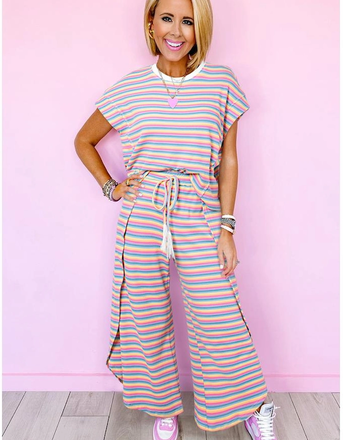 Pink Stripe Rainbow Tee Tasseled String Wide Leg Pants Set