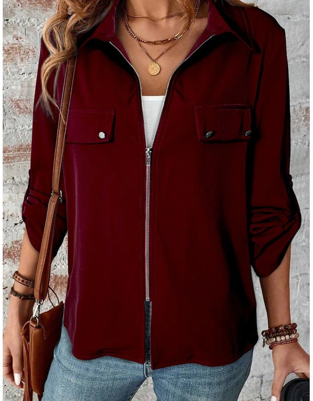 Red Dahlia Collar Tab Sleeve Zip Up Flap Detail Jacket
