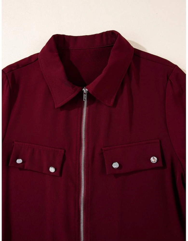 Red Dahlia Collar Tab Sleeve Zip Up Flap Detail Jacket